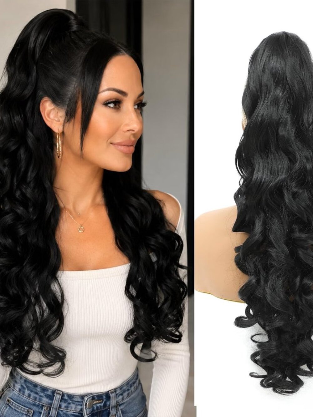 Claw Clip Ponytail Extensions Wavy Natural Black 24 Inch